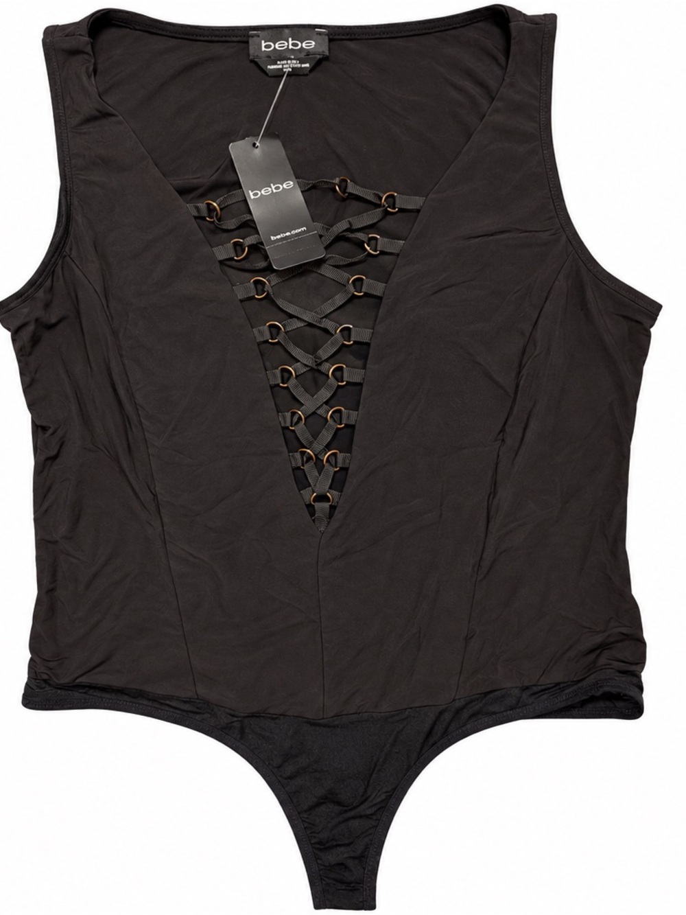 Bebe Black Lace-Up Plunge Bodysuit Size Medium New With Tags